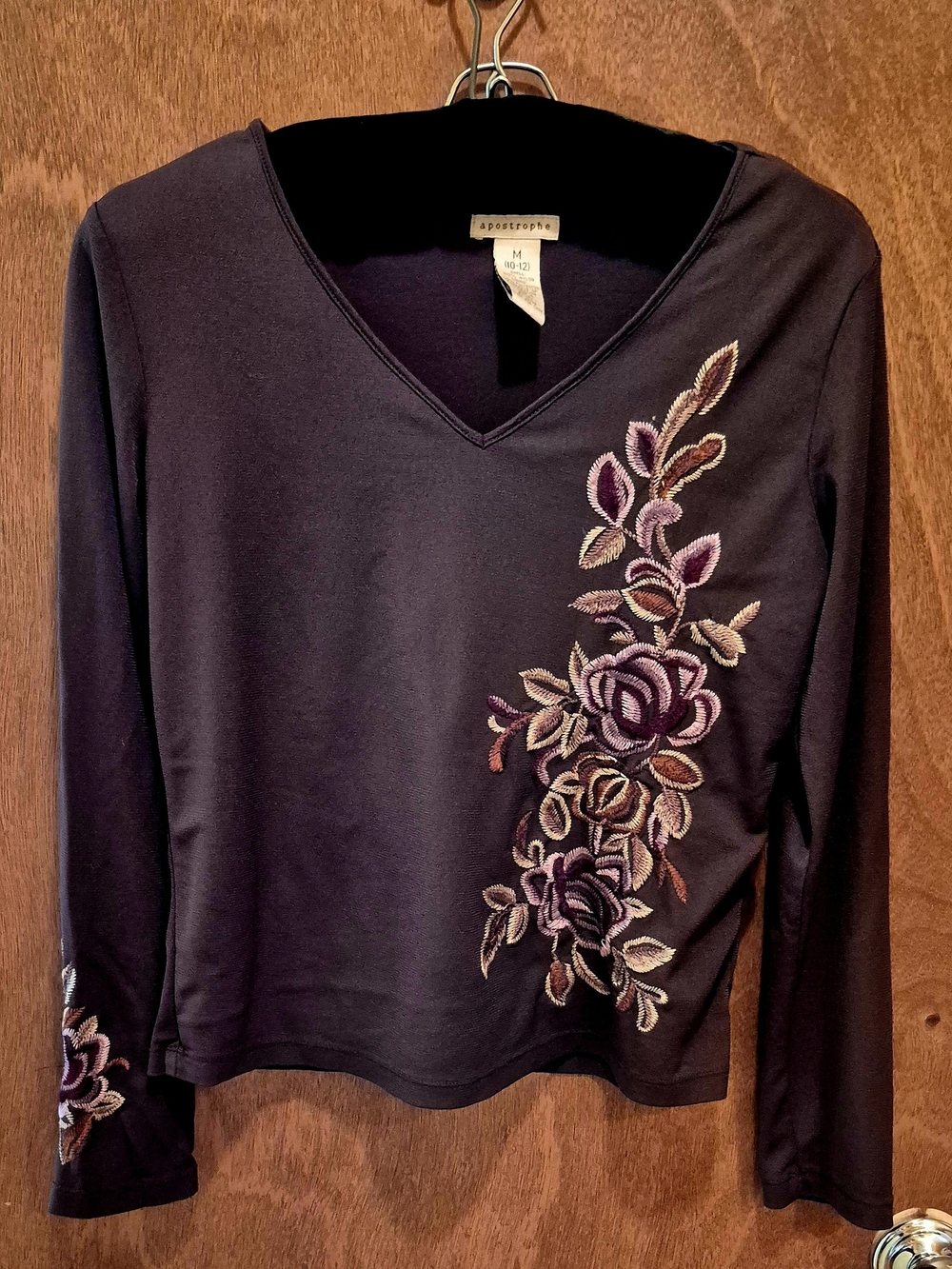 Apostrophe Dark Brown V-Neck Long Sleeve Top with Embroidery